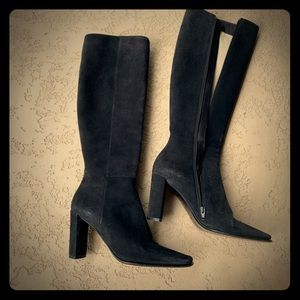 Knee High Black Square Toe Suede Boots